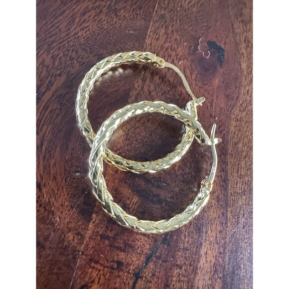 14K Solid Gold Weave 30mm Pattern Hoop Earrings for Women - Picture 2 of 10